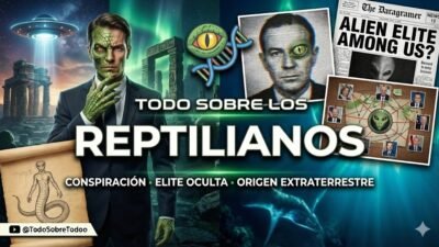 Representacion visual de la teoria conspirativa de los reptilianos como mito del poder oculto