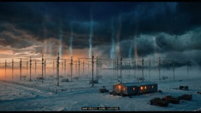 Instalacion de antenas asociada a HAARP como simbolo de ciencia ionosferica, poder tecnologico y controversia conspirativa