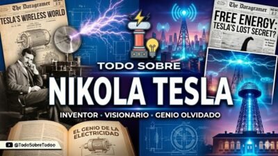 Retrato editorial de Nikola Tesla entre bobinas, electricidad y vision tecnologica moderna