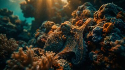 Un pulpo en su hábitat natural, mostrando su camuflaje y destreza.