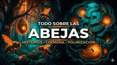 Primer plano detallado de una abeja polinizando una flor, destacando su anatomía y los granos de polen.