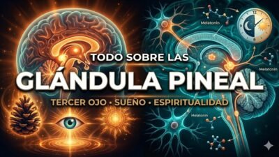 Ilustración anatómica de la glándula pineal situada en el centro del cerebro, resaltada con un resplandor simbólico.