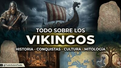 Ilustracion editorial de guerreros y barcos vikingos en expedicion.