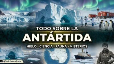 Ilustracion editorial sobre el continente antartico, el hielo y la exploracion cientifica.