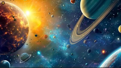 Ilustracion editorial sobre el Sistema Solar, el Sol y los planetas.