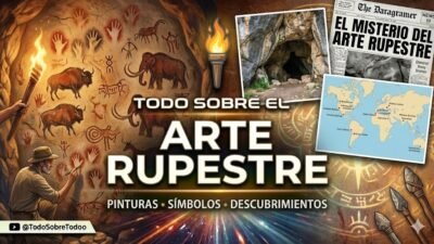 Ilustracion editorial sobre el arte rupestre, manos pintadas y figuras de animales en una cueva.