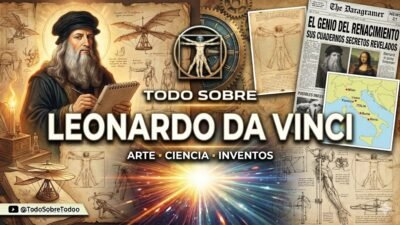 Ilustracion editorial sobre Leonardo da Vinci, sus bocetos y sus obras maestras.