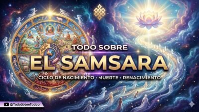Ilustracion editorial sobre el ciclo del samsara, la rueda de la vida y la reencarnacion.