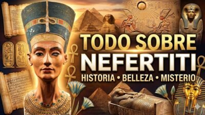 Ilustracion editorial sobre Nefertiti, su iconico busto y el sol de Amarna.