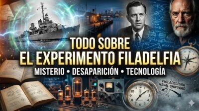Ilustracion editorial sobre el Experimento Filadelfia, el USS Eldridge y la teletransportacion.